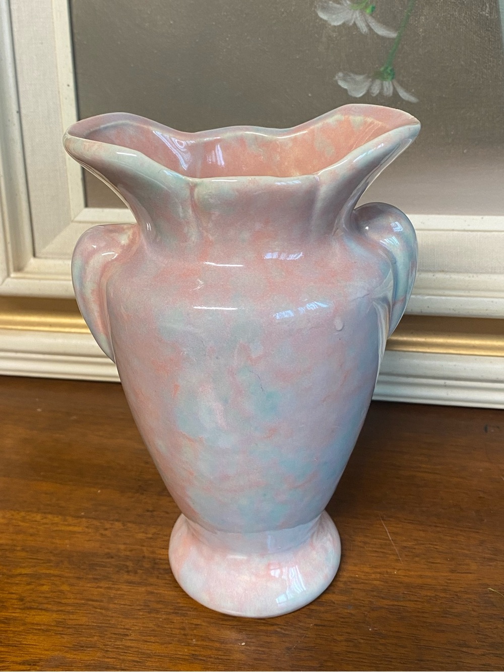 Gonder Pottery E-1 Urn Vase Double Handle Pink Blue Opalescence Glaze MCM